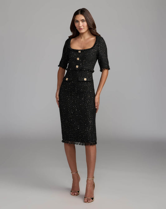Mac Duggal Black Sequin Bouclé Midi Dress