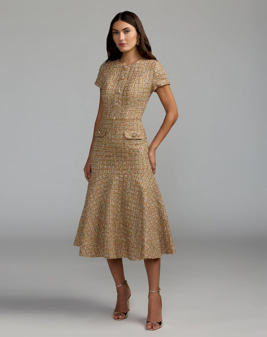 Mac Duggal Beige High Neck Short Sleeve Boucle Midi Dress