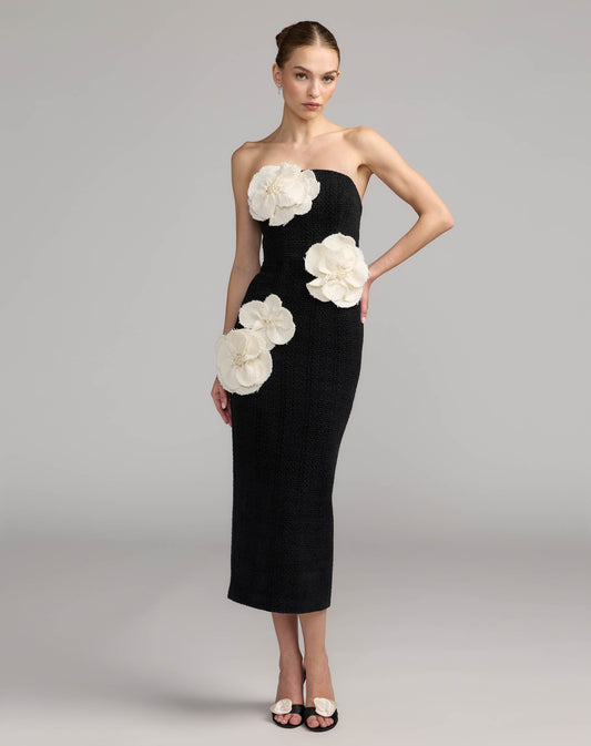 Mac Duggal Black 3D Floral Applique Strapless Midi Dress