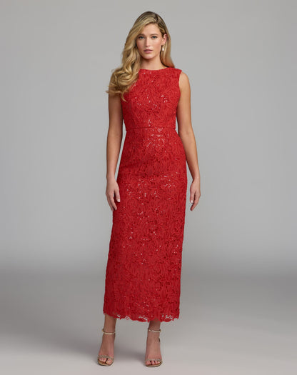 Mac Duggal Red Sleeveless Embroidered Lace Midi Dress