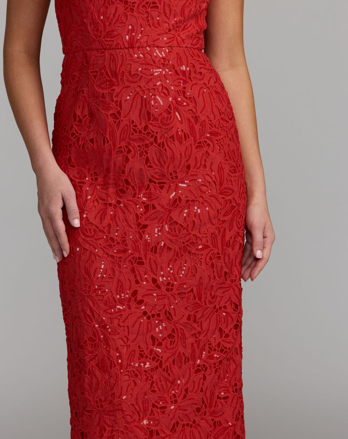 Mac Duggal Red Sleeveless Embroidered Lace Midi Dress