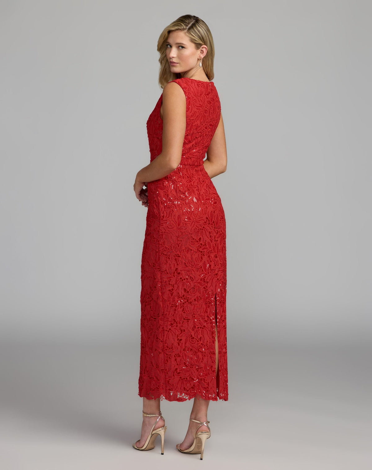 Mac Duggal Red Sleeveless Embroidered Lace Midi Dress