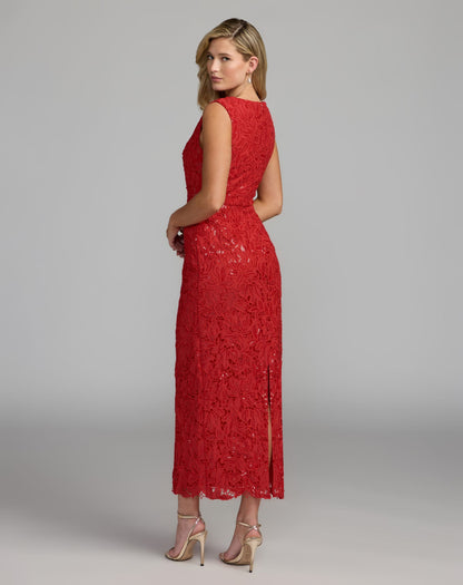 Mac Duggal Red Sleeveless Embroidered Lace Midi Dress