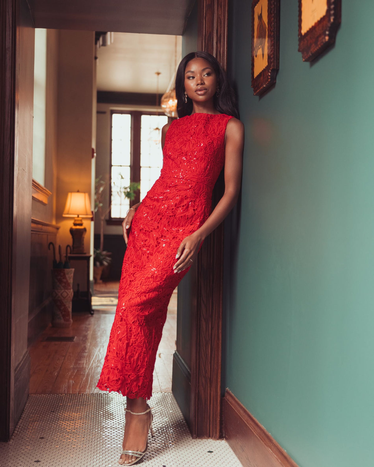 Mac Duggal Red Sleeveless Embroidered Lace Midi Dress