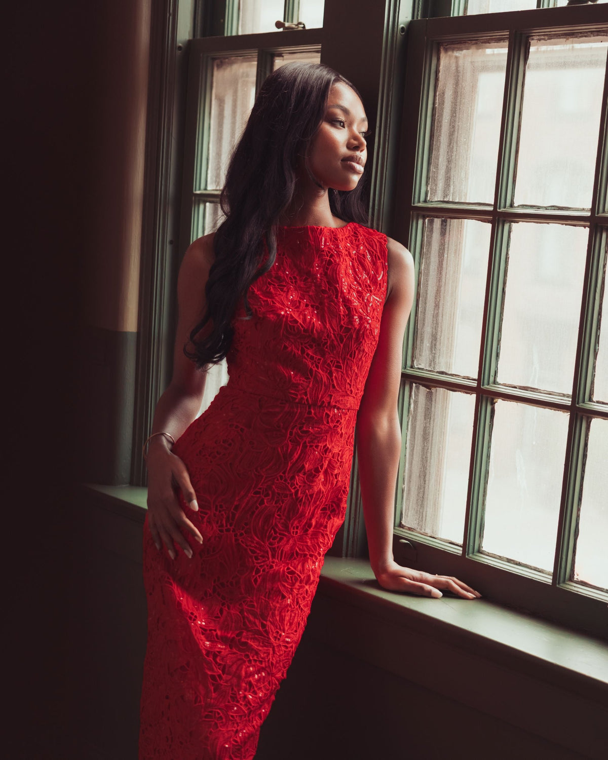 Mac Duggal Red Sleeveless Embroidered Lace Midi Dress