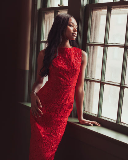 Mac Duggal Red Sleeveless Embroidered Lace Midi Dress