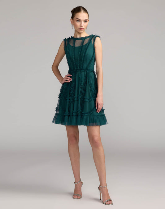 Mac Duggal Teal High Neck Sleeveless Micro Ruffle Mini Dress