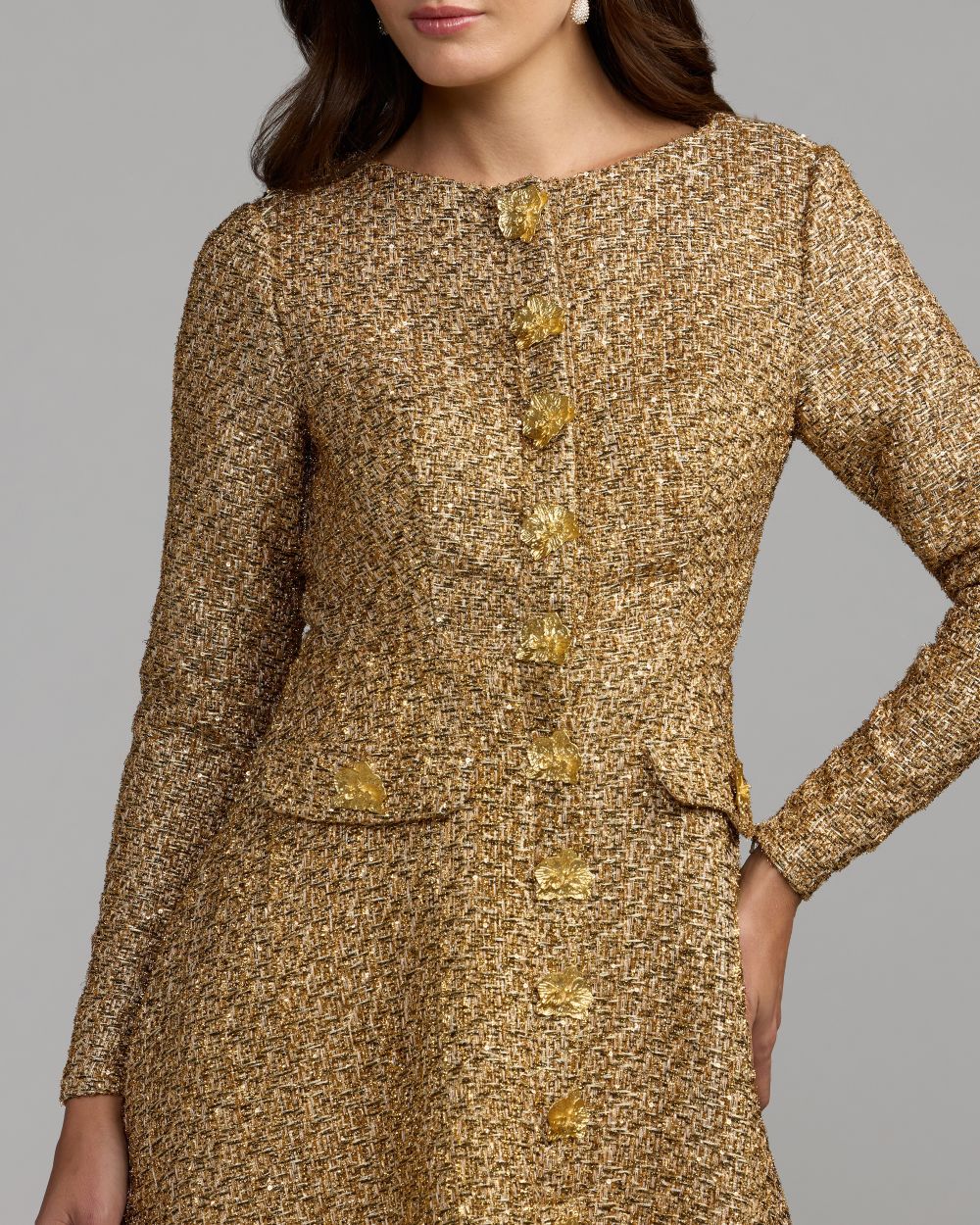 Mac Duggal Gold Metallic Sequin Bouclé Midi Dress
