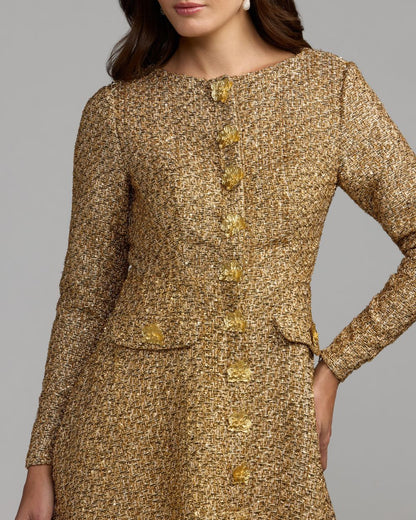Mac Duggal Gold Metallic Sequin Bouclé Midi Dress