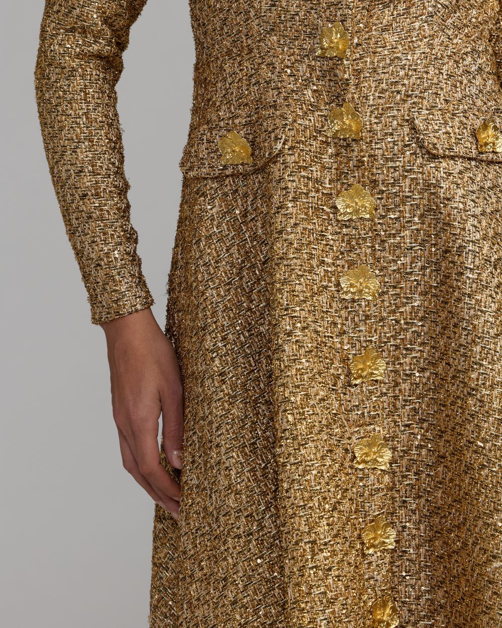 Mac Duggal Gold Metallic Sequin Bouclé Midi Dress