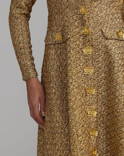 Mac Duggal Gold Metallic Sequin Bouclé Midi Dress