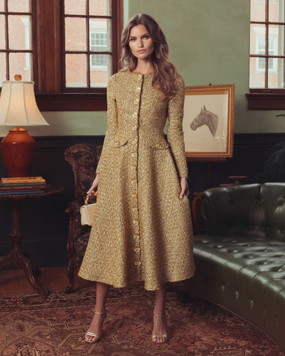 Mac Duggal Gold Metallic Sequin Bouclé Midi Dress