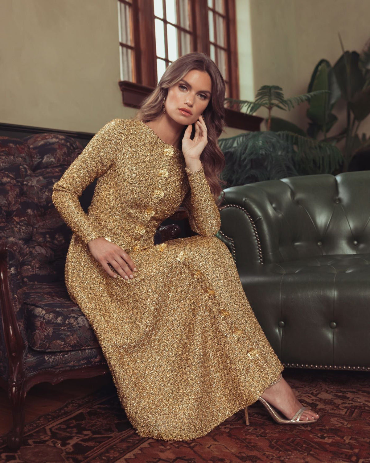 Mac Duggal Gold Metallic Sequin Bouclé Midi Dress