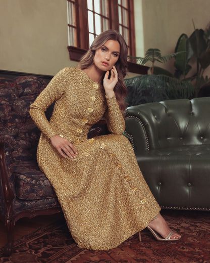 Mac Duggal Gold Metallic Sequin Bouclé Midi Dress