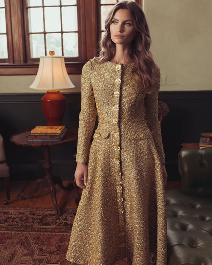 Mac Duggal Gold Metallic Sequin Bouclé Midi Dress