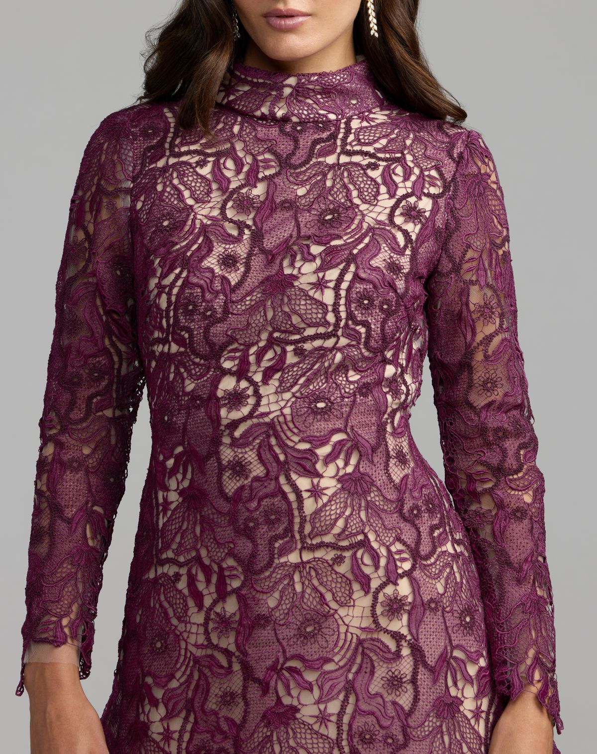 Mac Duggal Purple Floral Embroidered Long Sleeve Mini Dress