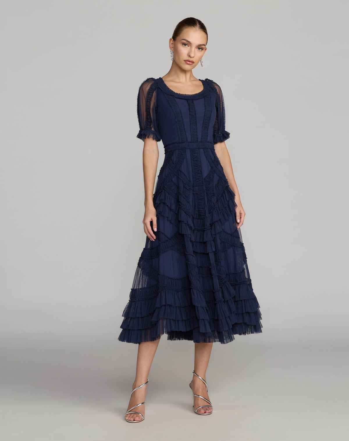 Mac Duggal Petite Navy Short Sleeve Micro Ruffle Midi Dress