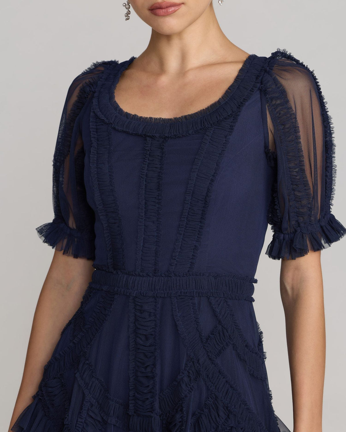 Mac Duggal Petite Navy Short Sleeve Micro Ruffle Midi Dress
