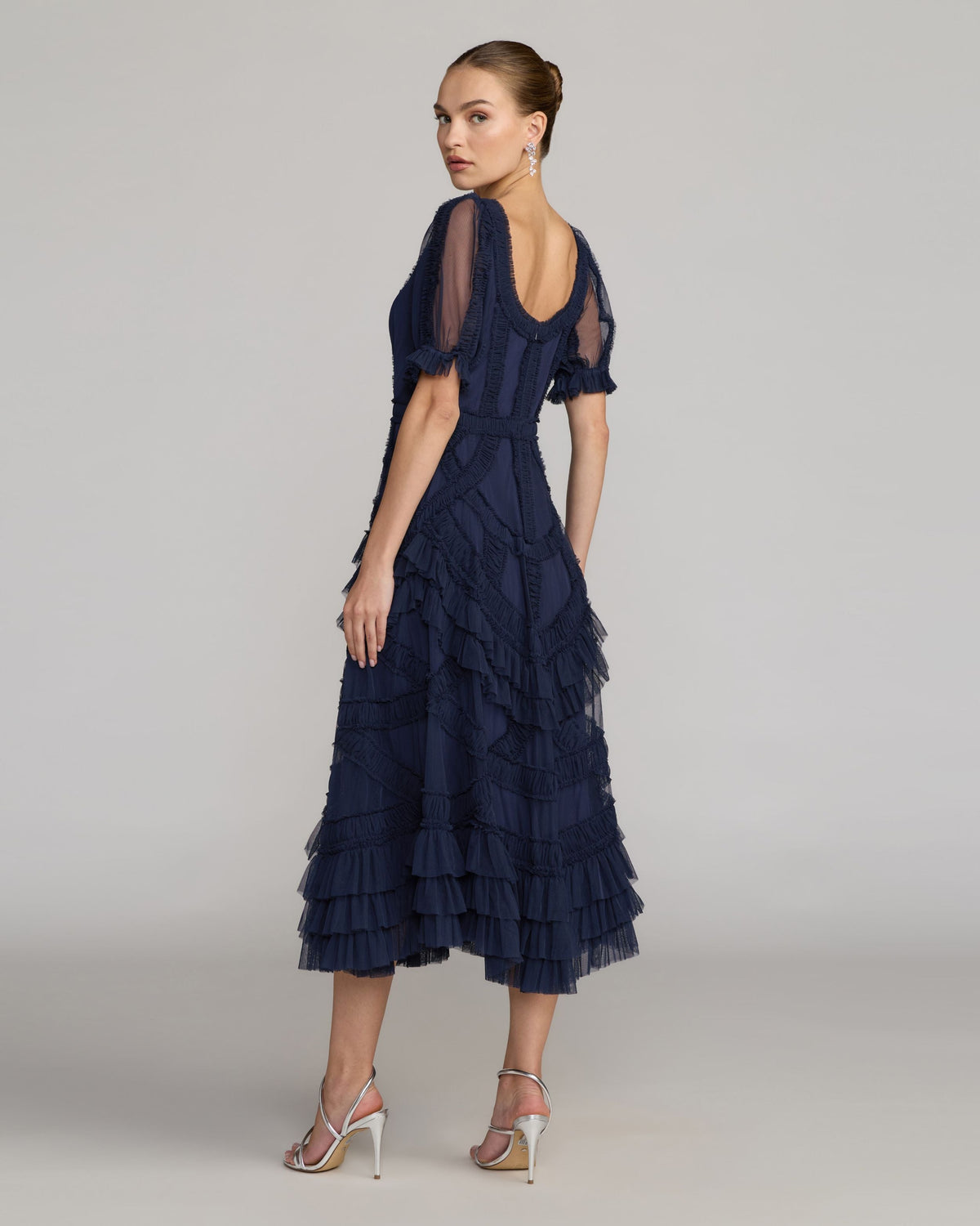 Mac Duggal Petite Navy Short Sleeve Micro Ruffle Midi Dress