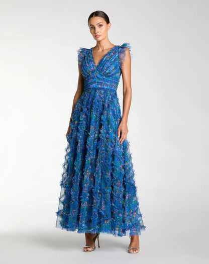 Mac Duggal Blue Floral V-Neck Ruffle Maxi Dress