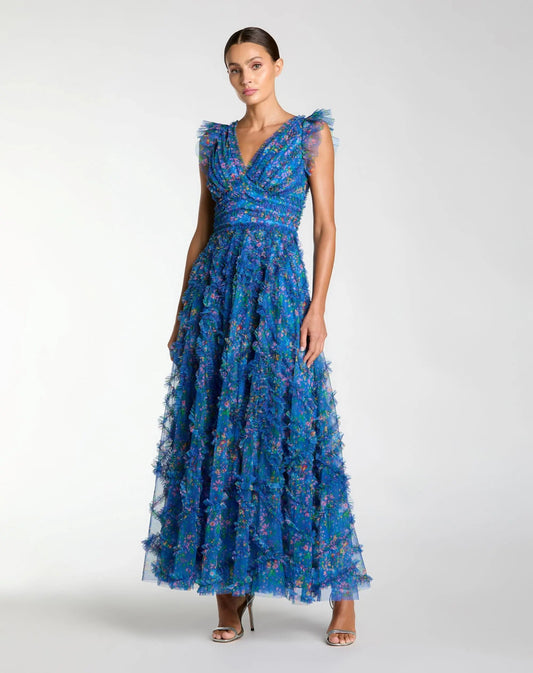 Mac Duggal Blue Floral V-Neck Ruffle Maxi Dress