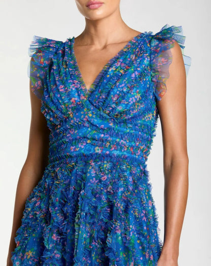 Mac Duggal Blue Floral V-Neck Ruffle Maxi Dress