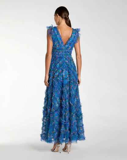 Mac Duggal Blue Floral V-Neck Ruffle Maxi Dress