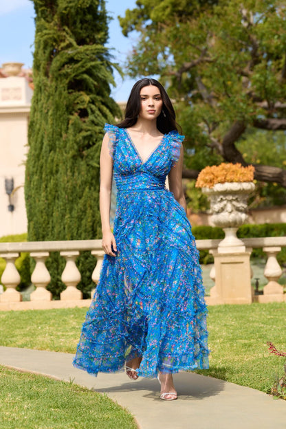 Mac Duggal Blue Floral V-Neck Ruffle Maxi Dress