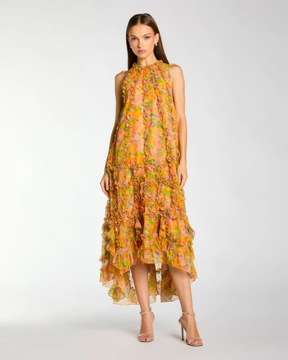 Mac Duggal Yellow Sleeveless Floral Micro Ruffle Trapeze Midi Dress