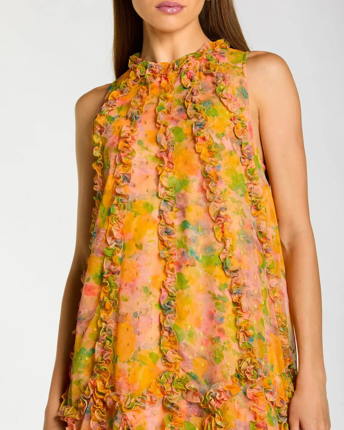 Mac Duggal Yellow Sleeveless Floral Micro Ruffle Trapeze Midi Dress