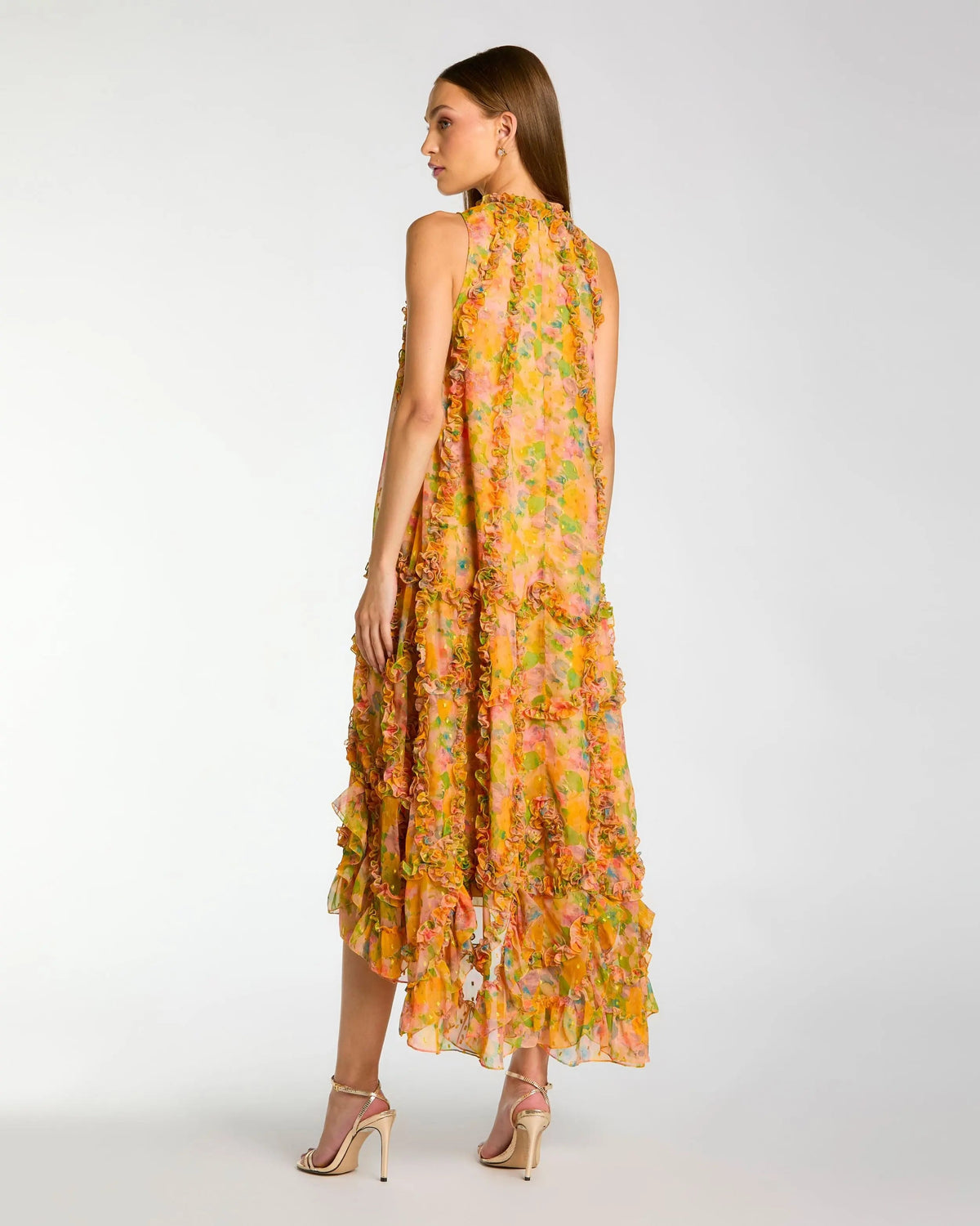 Mac Duggal Yellow Sleeveless Floral Micro Ruffle Trapeze Midi Dress