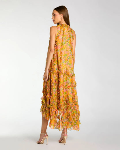 Mac Duggal Yellow Sleeveless Floral Micro Ruffle Trapeze Midi Dress
