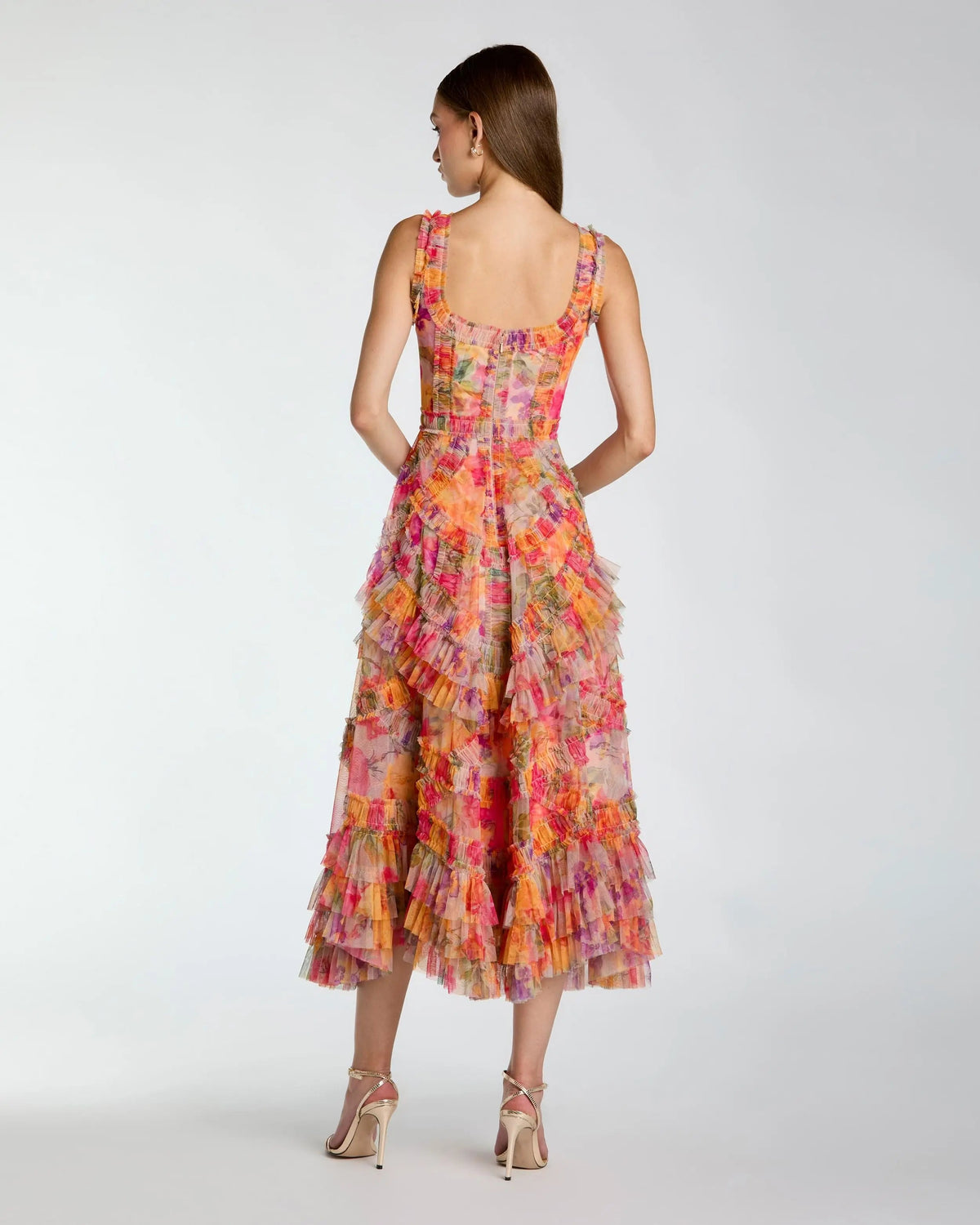 Mac Duggal Multicolor Floral Scoop Neck A-Line Ruffle Midi Dress