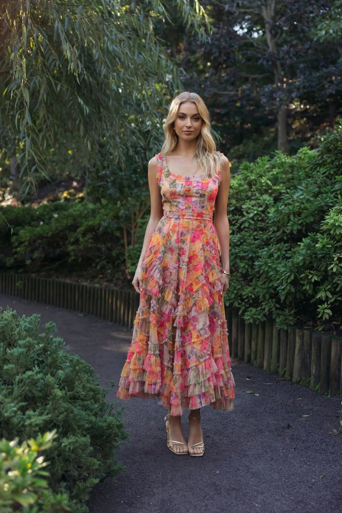 Mac Duggal Multicolor Floral Scoop Neck A-Line Ruffle Midi Dress