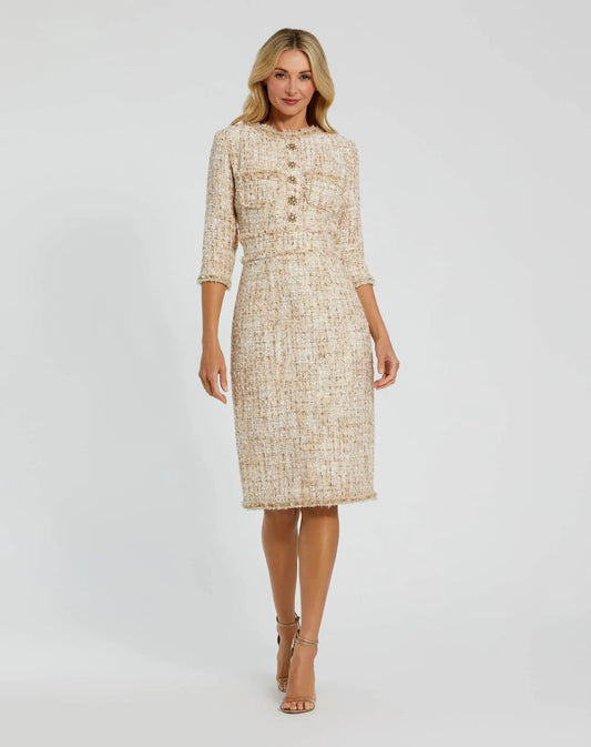 Mac Duggal Petite Beige Beaded Trim Boucle Midi Dress with 3/4 Sleeves