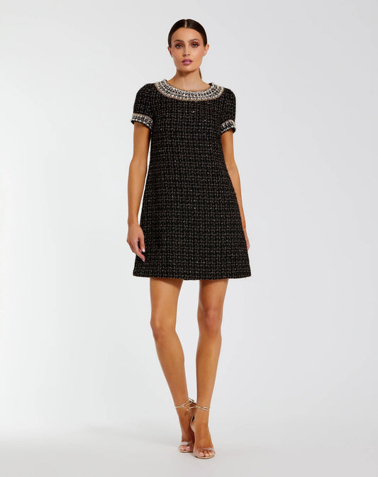 Mac Duggal Black Short Sleeve Embellished Boucle Mini Dress
