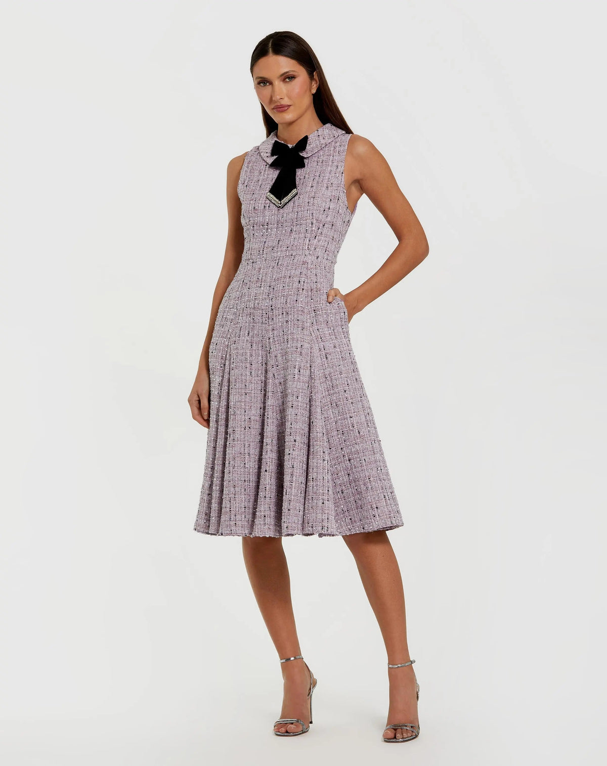 Mac Duggal Purple Sleeveless Boucle A-Line Midi Dress With Bow