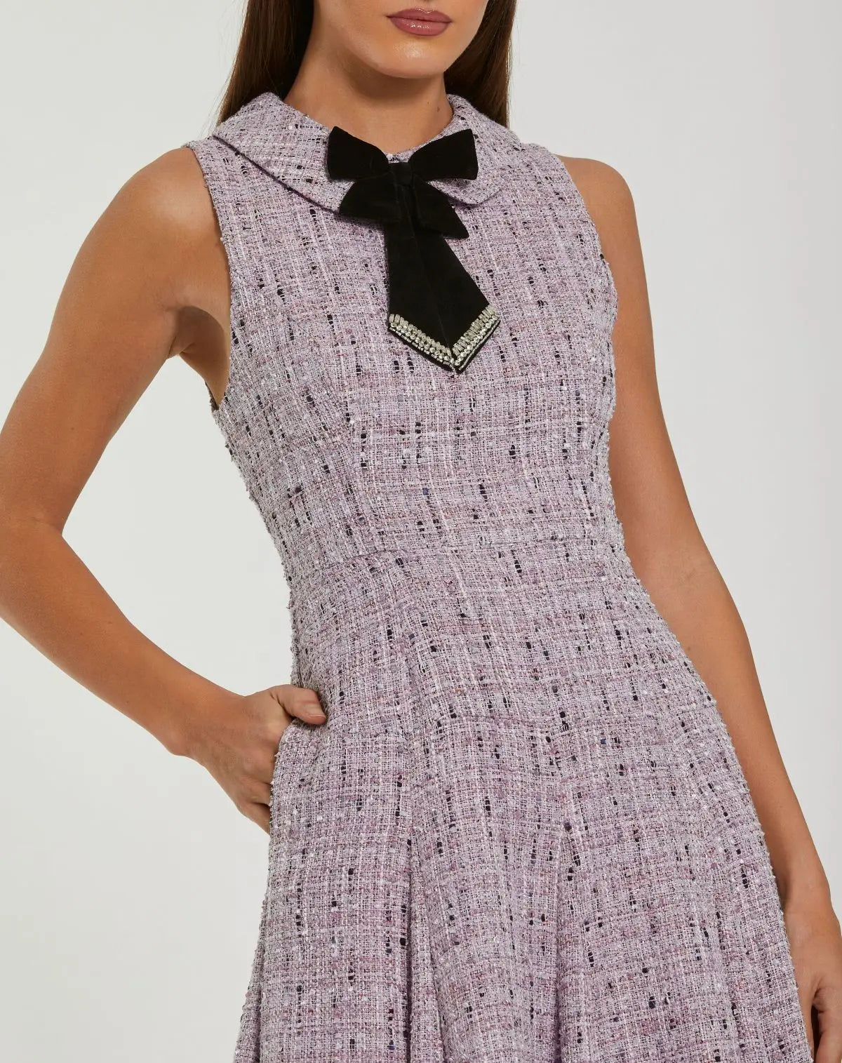 Mac Duggal Purple Sleeveless Boucle A-Line Midi Dress With Bow