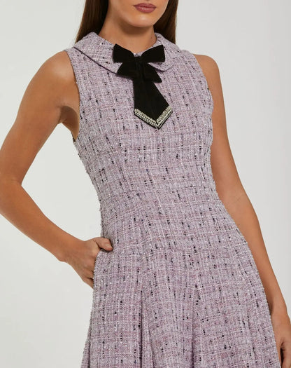 Mac Duggal Purple Sleeveless Boucle A-Line Midi Dress With Bow
