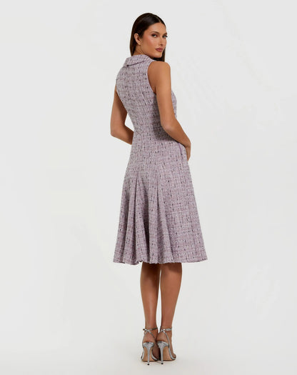 Mac Duggal Purple Sleeveless Boucle A-Line Midi Dress With Bow