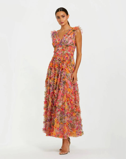 Mac Duggal Multicolor Floral V-Neck Ruffle Maxi Dress
