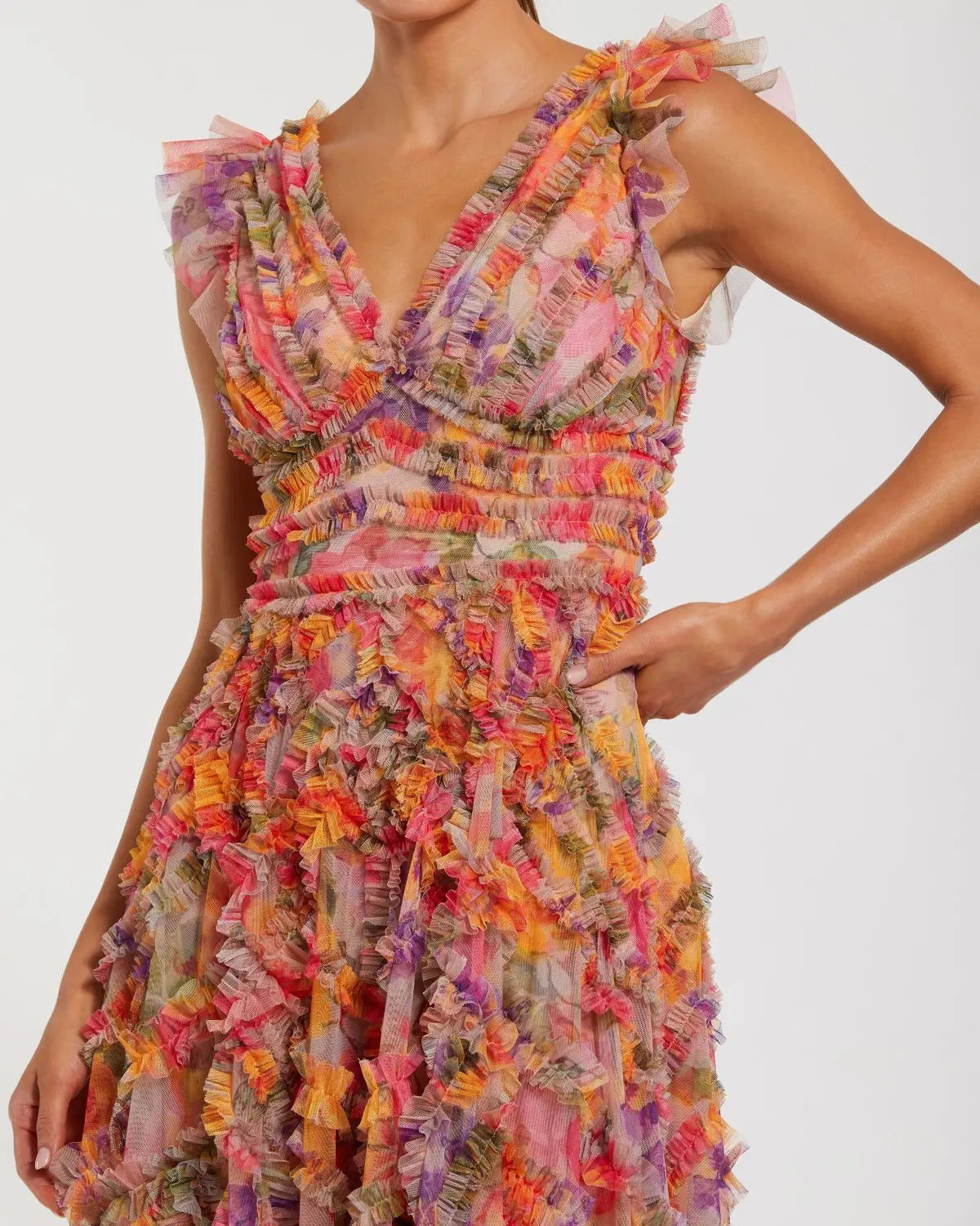 Mac Duggal Multicolor Floral V-Neck Ruffle Maxi Dress