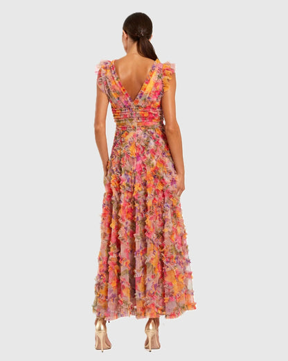 Mac Duggal Multicolor Floral V-Neck Ruffle Maxi Dress