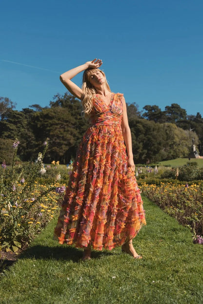Mac Duggal Multicolor Floral V-Neck Ruffle Maxi Dress