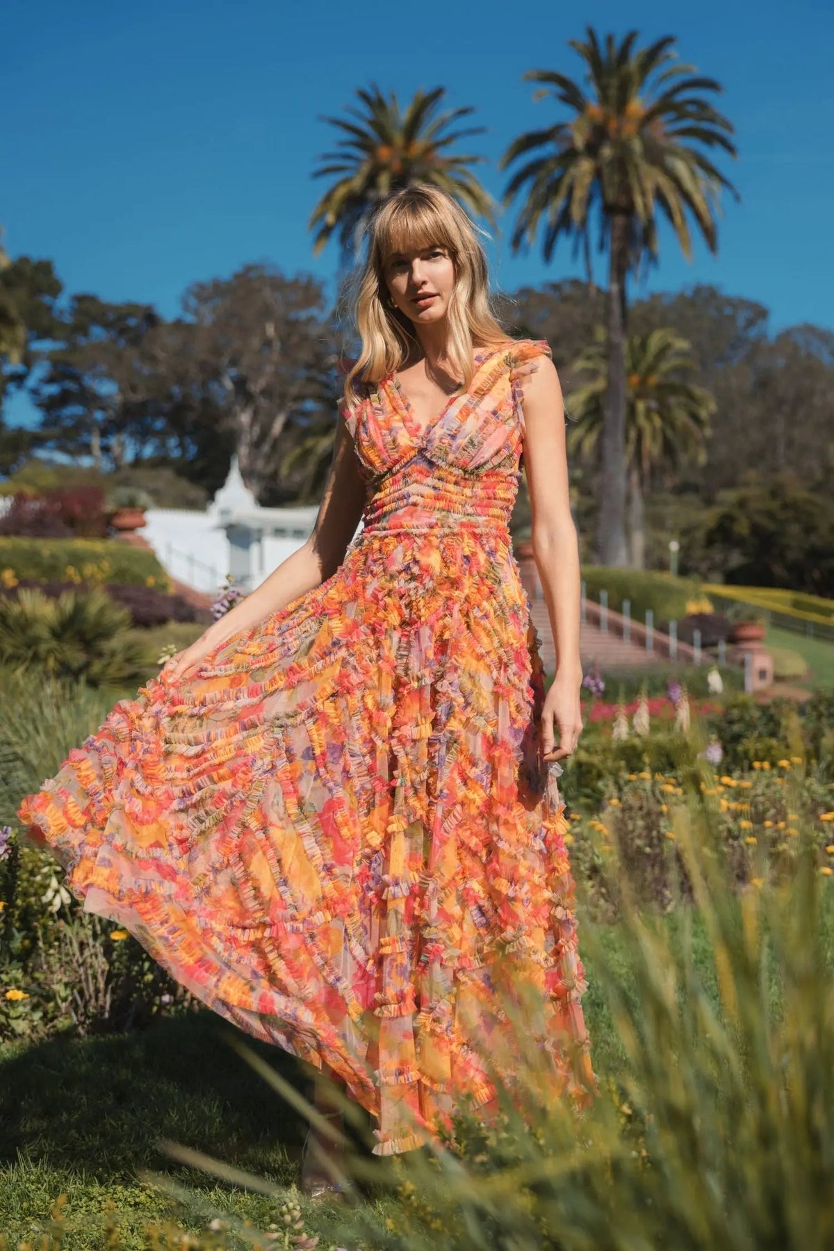 Mac Duggal Multicolor Floral V-Neck Ruffle Maxi Dress