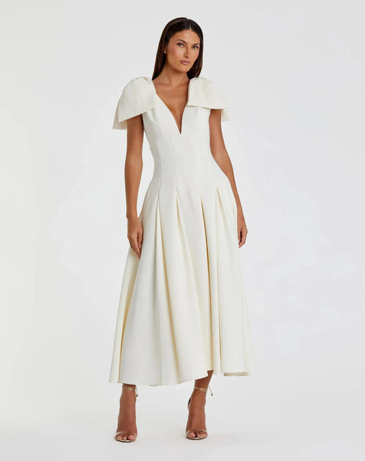 Mac Duggal Ivory Crepe A Line Midi Dress With Bow Straps