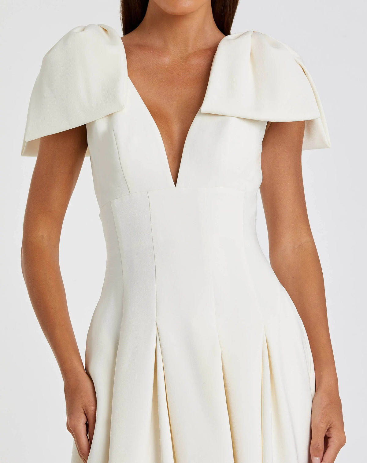 Mac Duggal Ivory Crepe A Line Midi Dress With Bow Straps