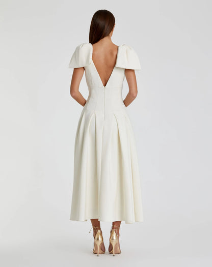 Mac Duggal Ivory Crepe A Line Midi Dress With Bow Straps