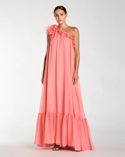 Mac Duggal Pink One Shoulder Chiffon Gown With 3D Rosette