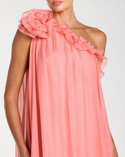 Mac Duggal Pink One Shoulder Chiffon Gown With 3D Rosette